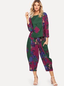 Flower Print Top With Wide Leg Pants