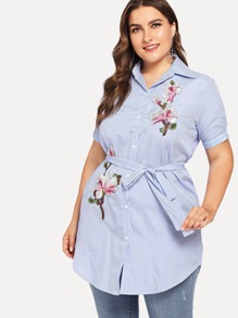 Plus Embroidered Floral Applique Striped Shirt Dress
