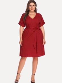 Plus Self Tie Waist Cuffed Dress