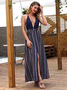 Deep V Neckline Striped Dress
