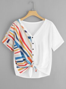 Plus Button Through Knot Hem Striped Tee
