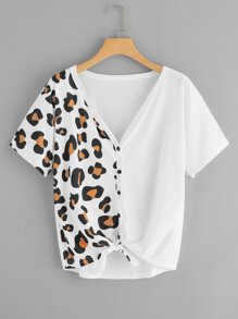 Button Through Knot Hem Printed Tee