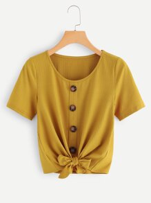 Single Breasted Knot Hem Ribbed Tee