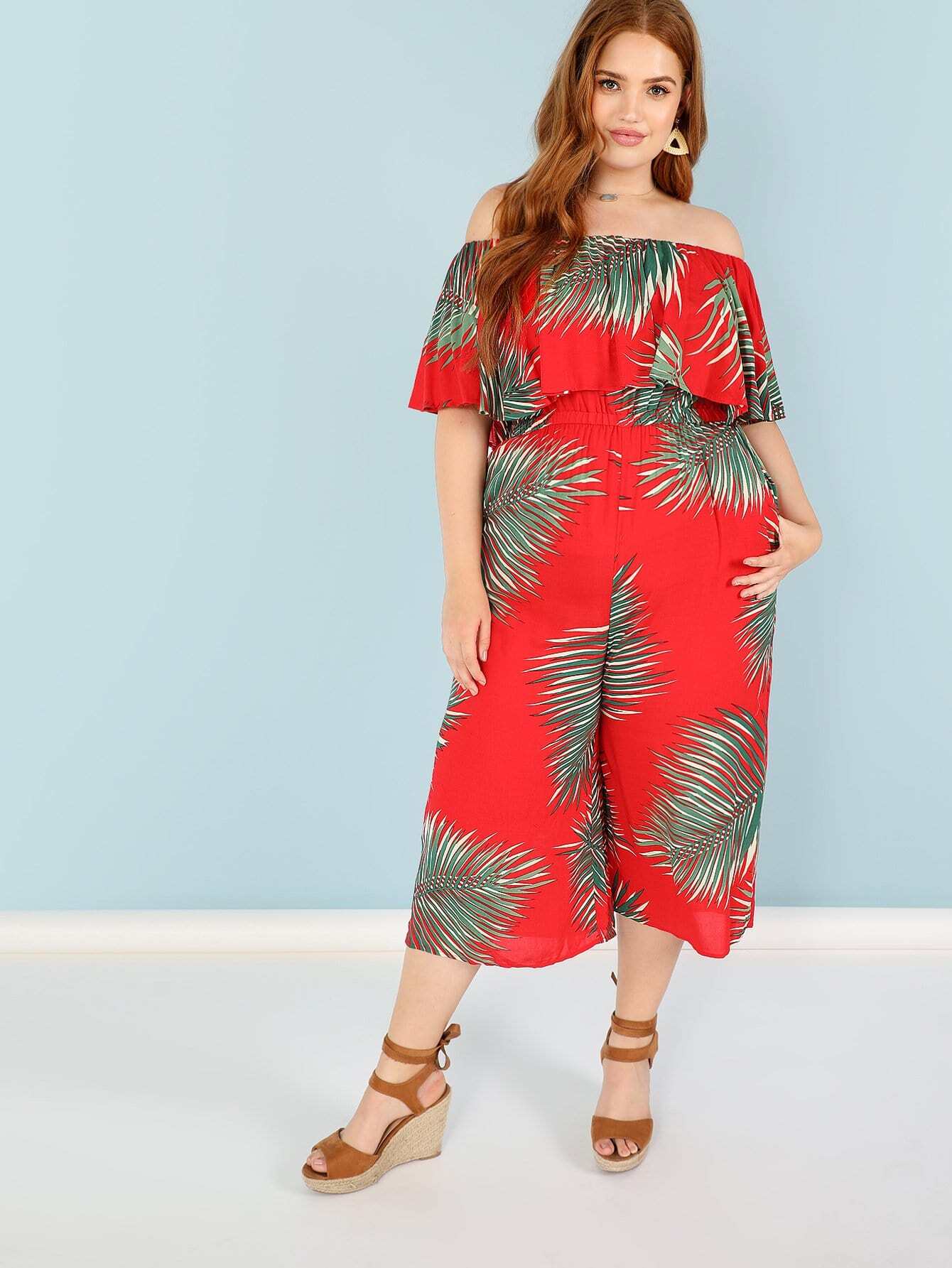 Jungle Leaf Print Flounce Foldover Off Плечевой комбинезон