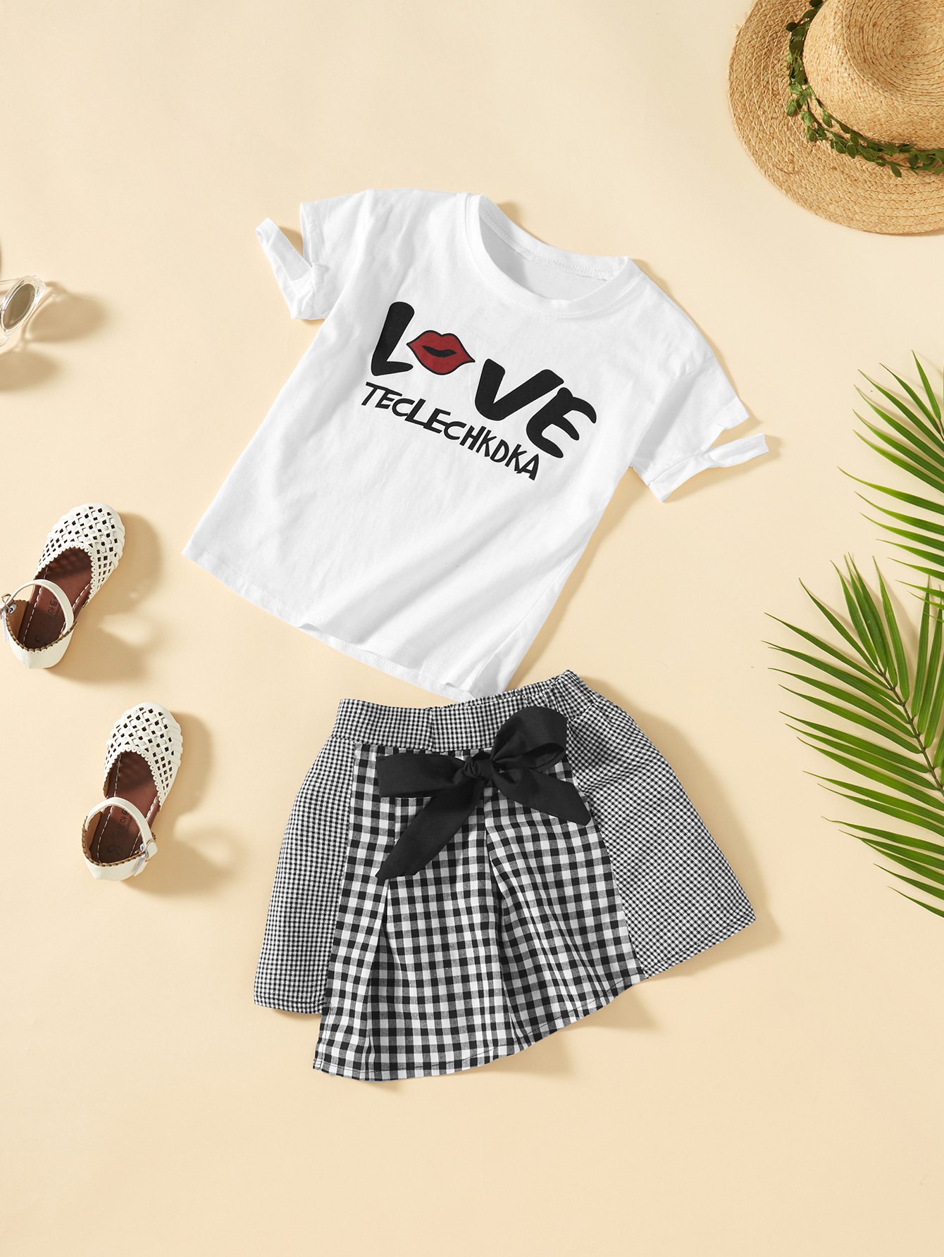 Girls Letter Print Tee With Tie Waist Gingham Skirt