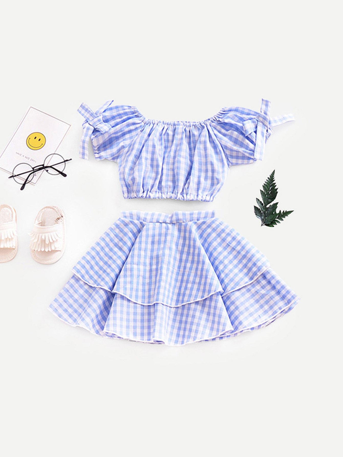 Girls Knot Gingham Crop Top With Tiered Skirt