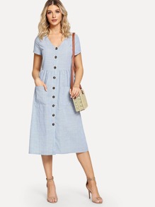 Striped Pocket Button Front Dress