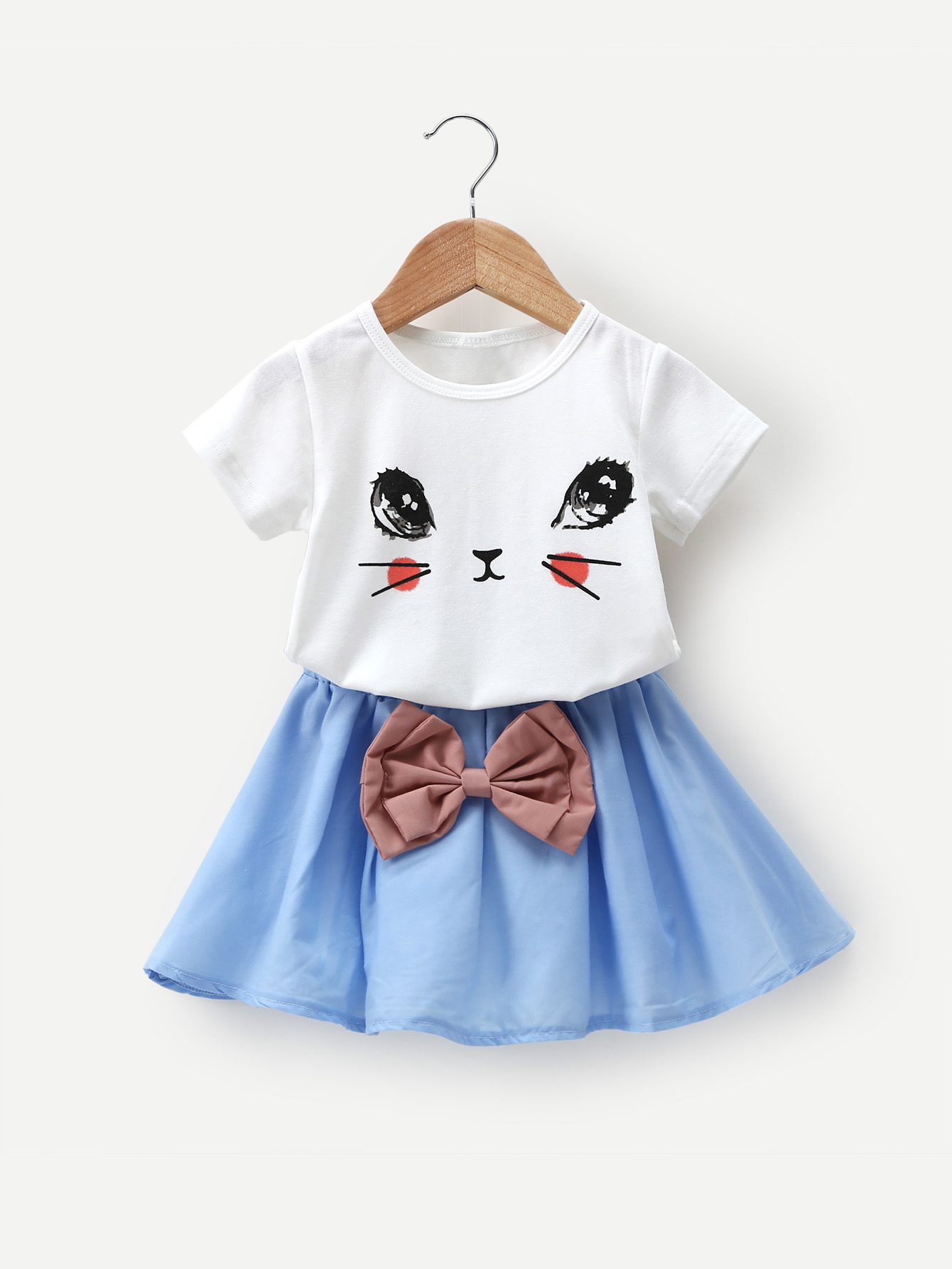 Girls Cartoon Print Tee With Bow Detail Skirt