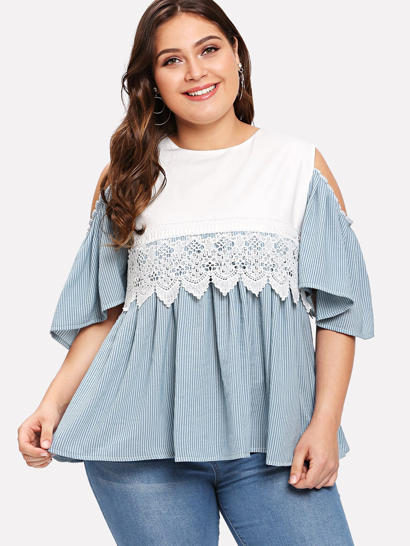 Plus Contrast Lace Striped Cold Shoulder Ruffle Hem Blouse