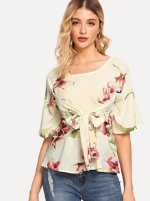 Knot Front Floral Print Blouse