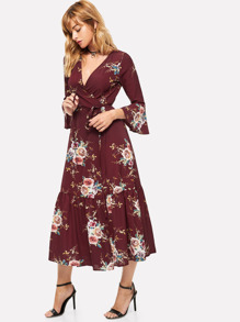 Plunge Neck Floral Print Bell Sleeve Slit Dress