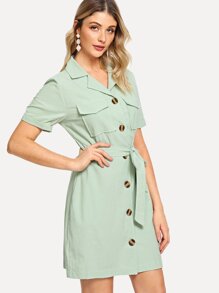 Dual Pocket Front Tie Waist Button Through Dress
