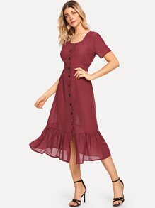 Ruffle Hem Single Breasted Dress