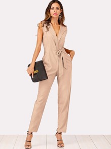 Zip Back Shawl Collar Knot Jumpsuit