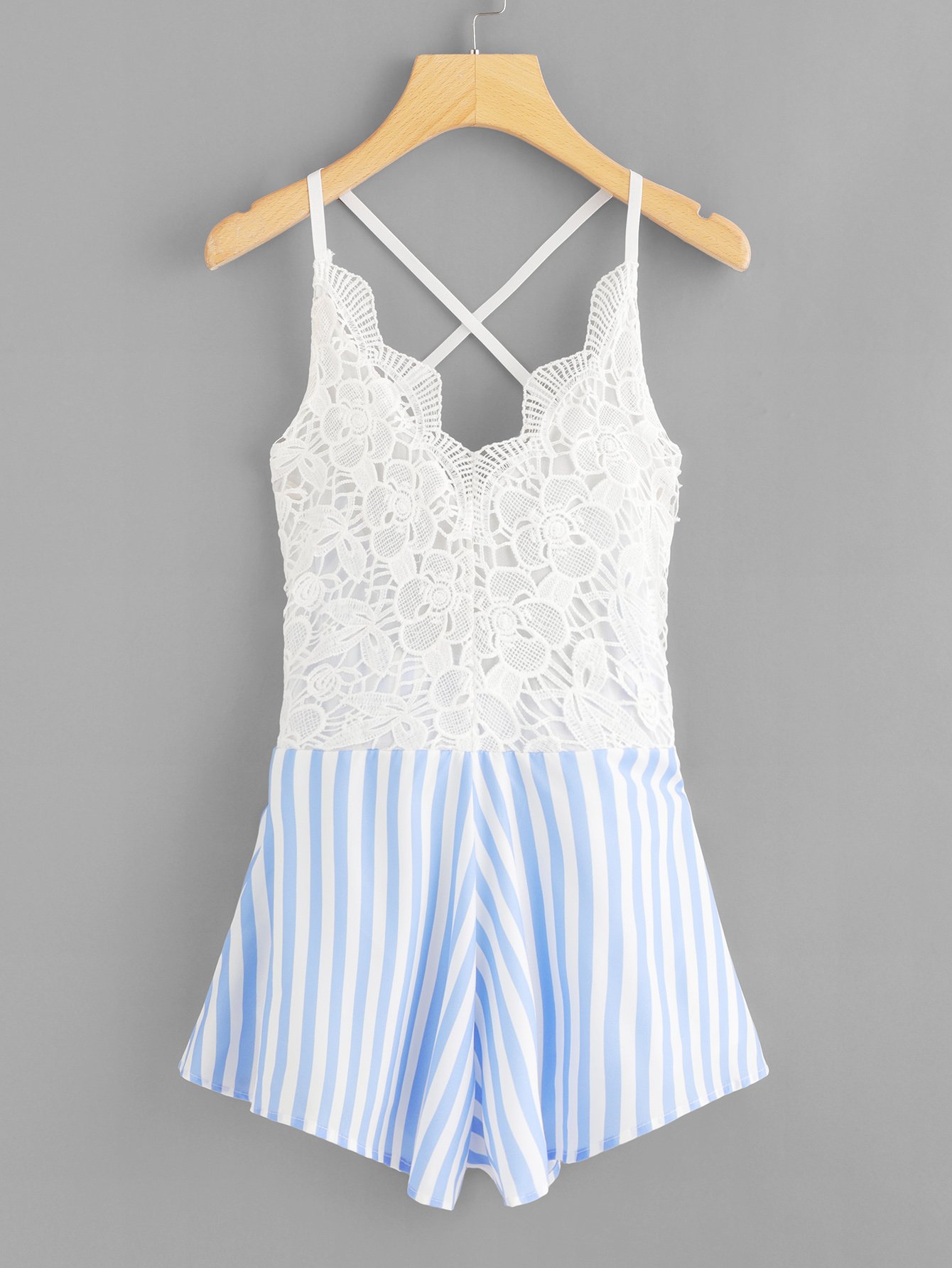 Crochet Lace Panel Bow Tie Back Striped Romper crochet lace panel top