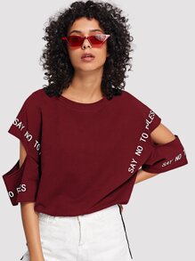 Cut Out Sleeve Slogan Print Tee