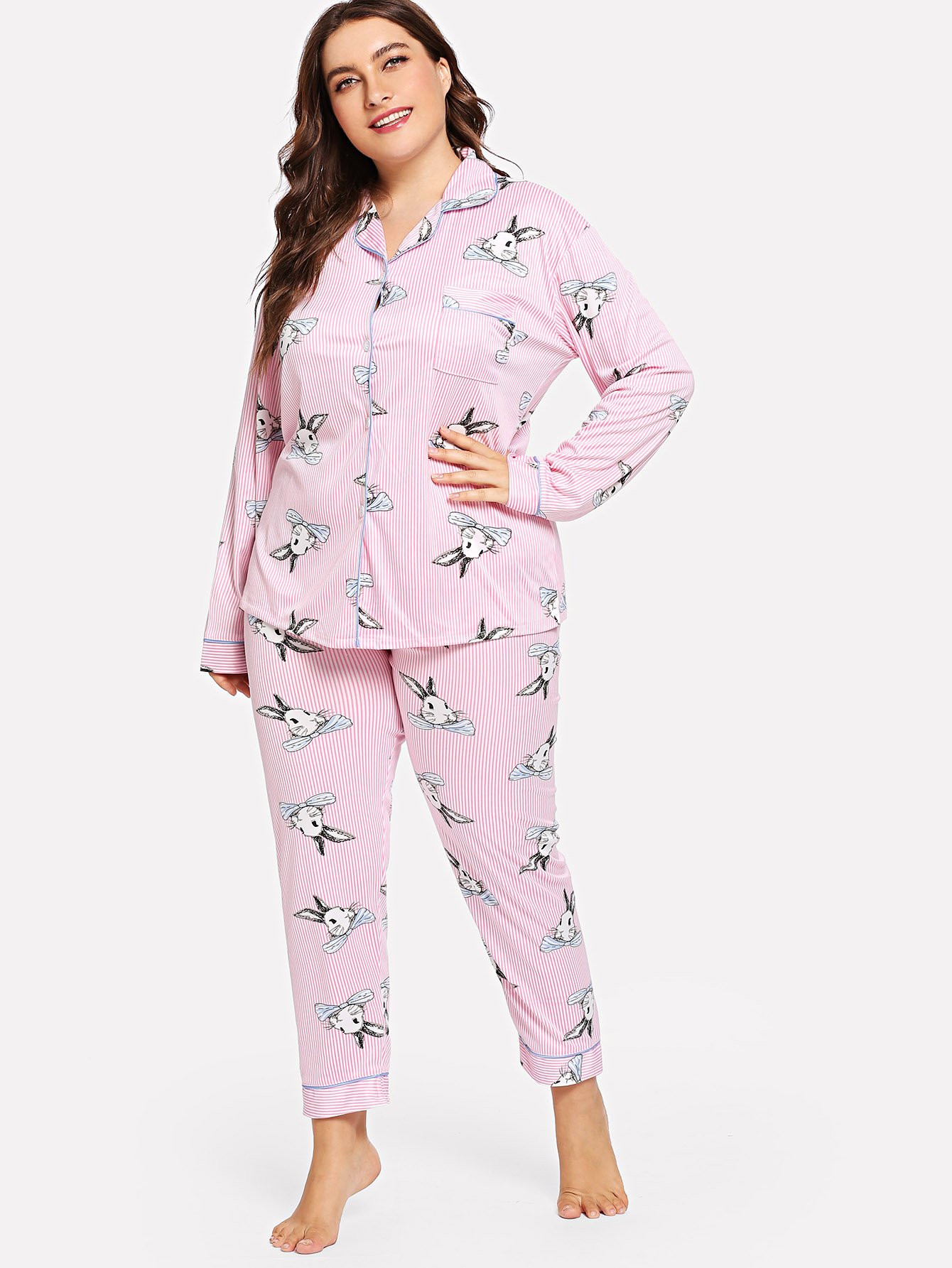 Plus Rabbit Print Button Up Pajama Set With Eye Mask