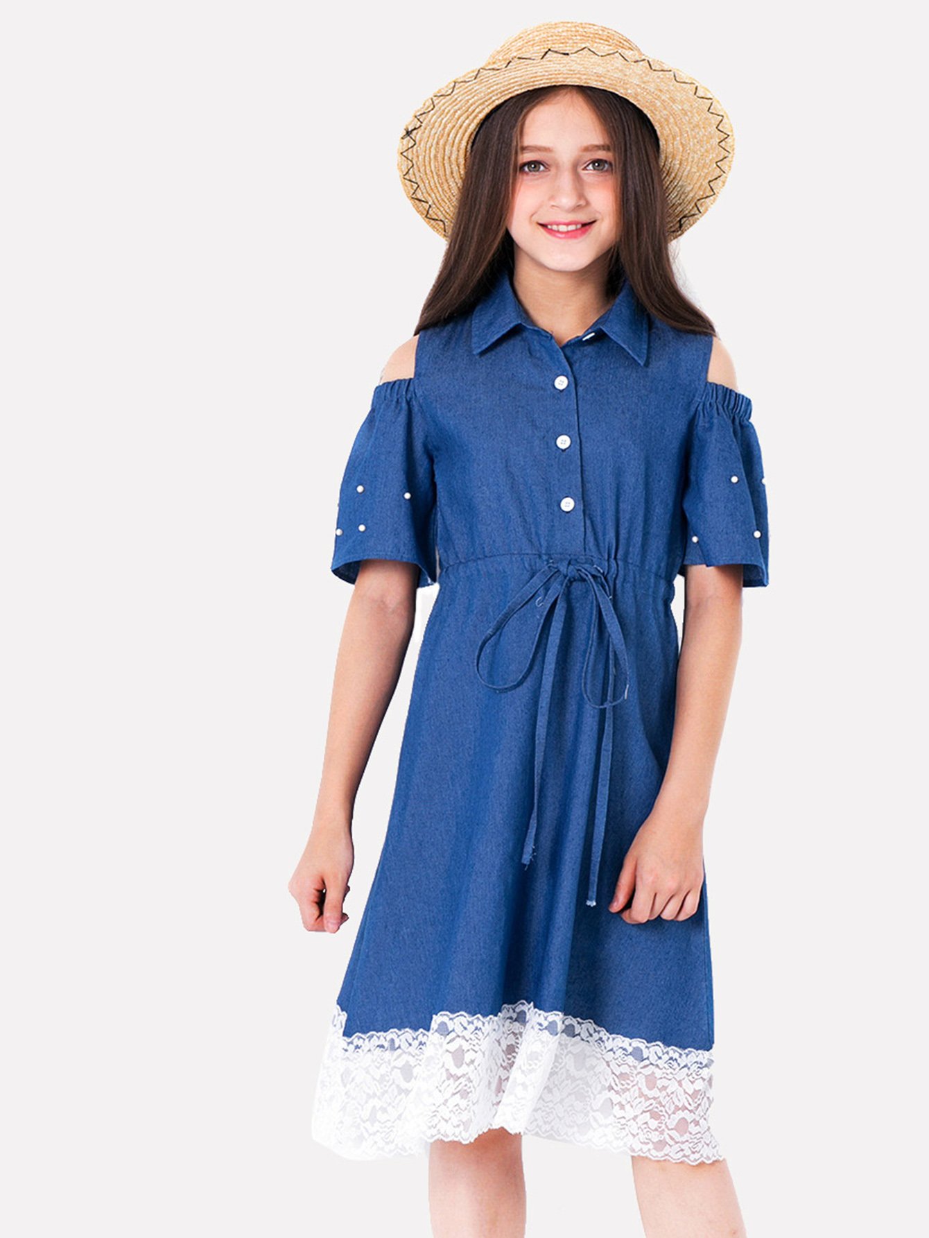 Girls Cold Shoulder Pearl Lace Hem Denim Dress
