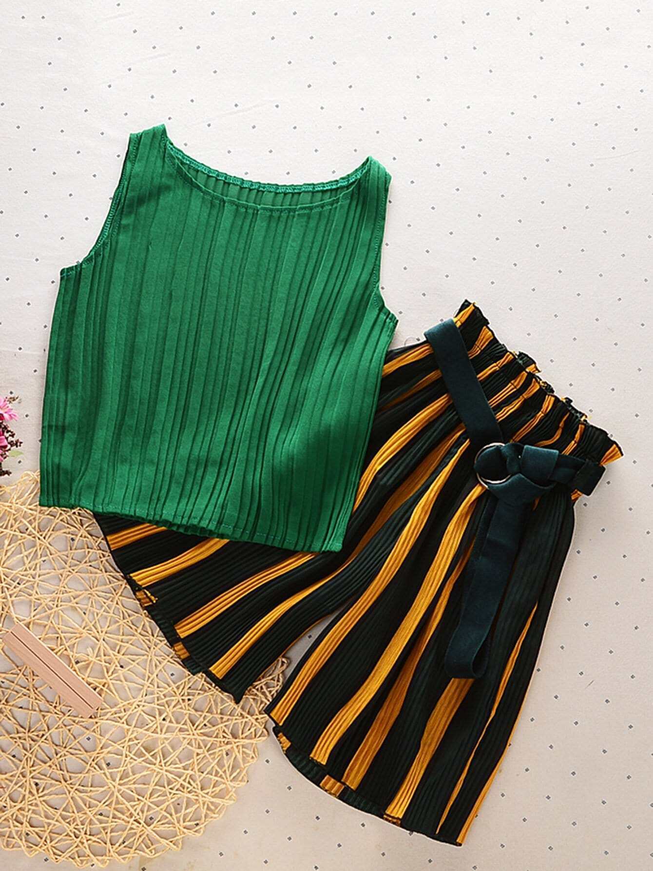 Girls Plain Vest And Striped Wide Leg Pants With Belt