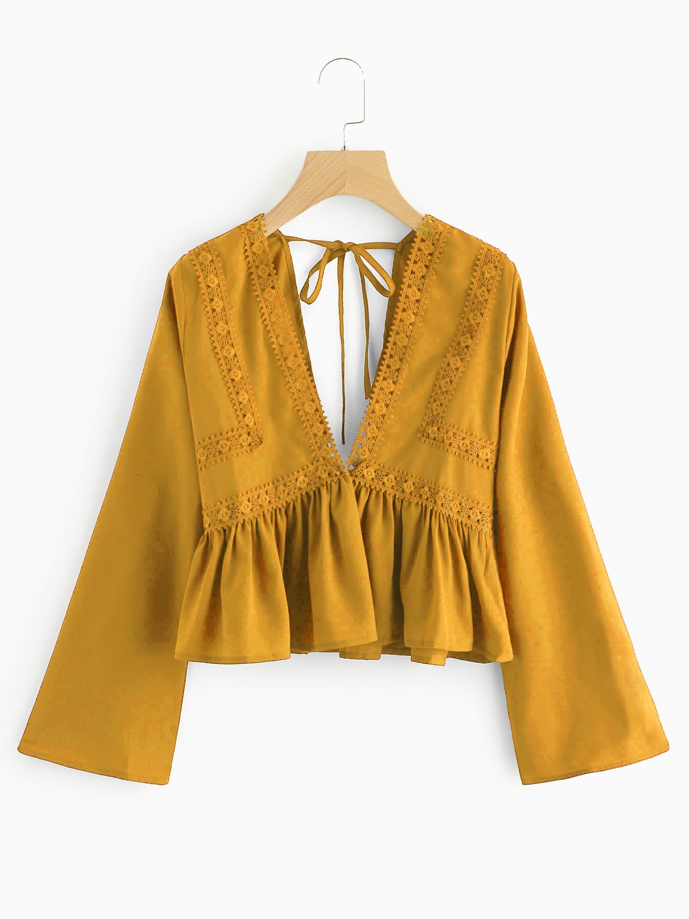 Plunging V-neckline Lace Trim Self Tie Frill Top