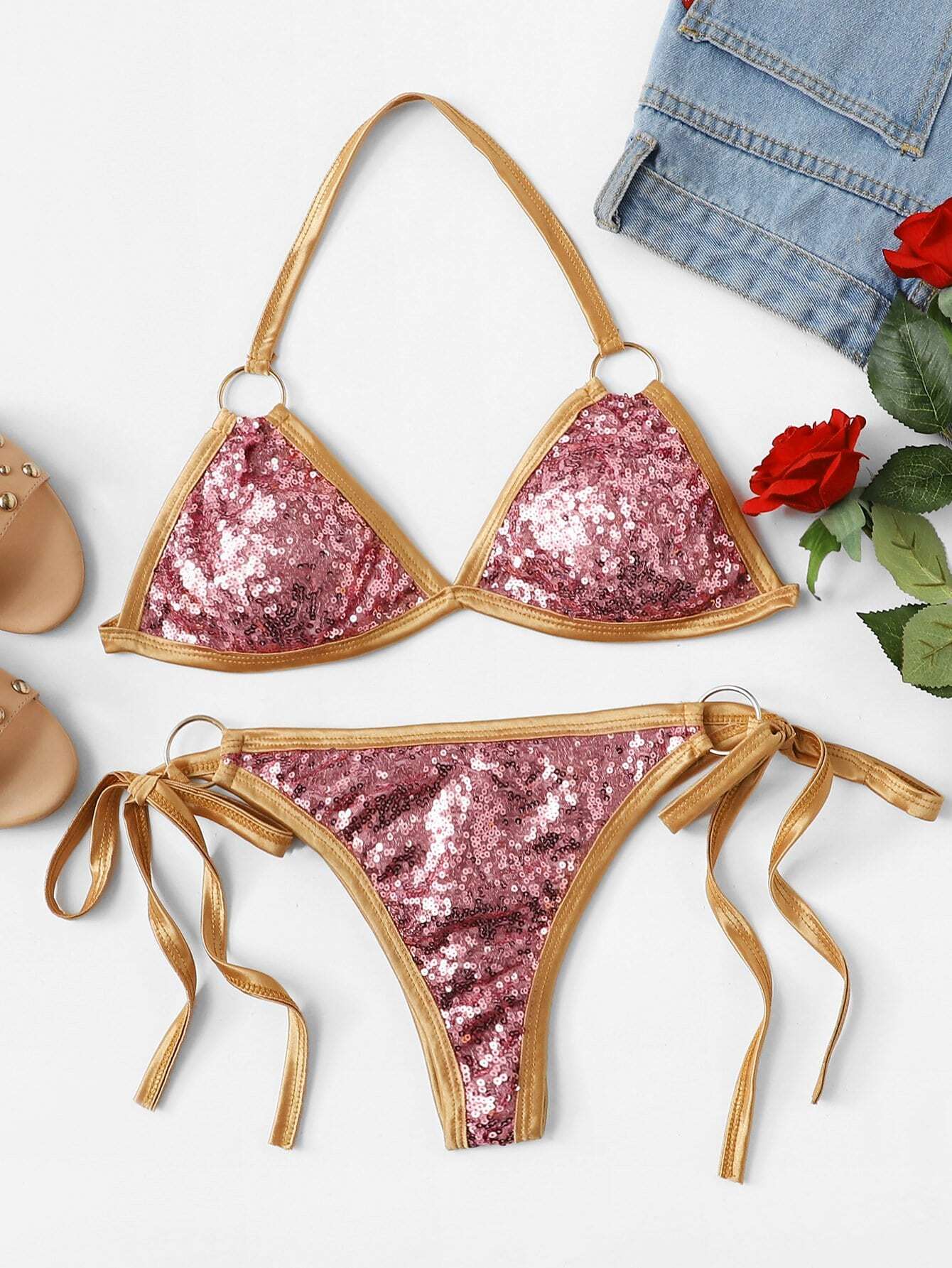 Сексуальный комплект для белья Sequin Contrast Halter Neck