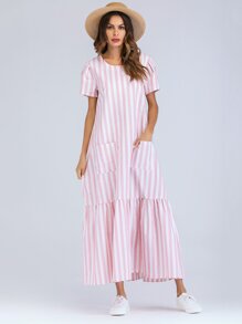 Ruffle Hem Dual Pocket Longline Stripe Dress