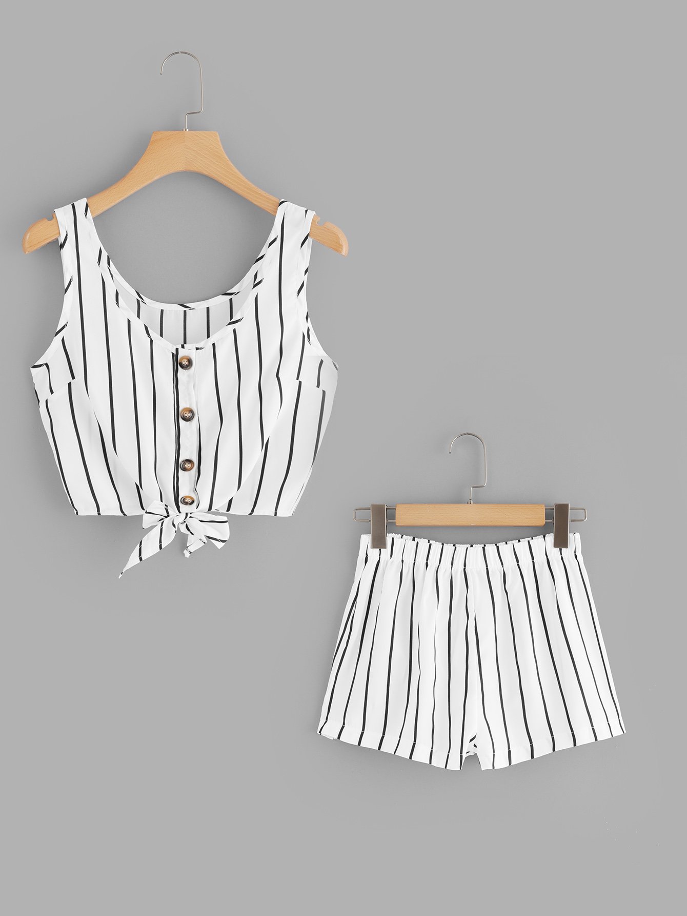 Knot Hem Single Breasted Striped Top With Shorts