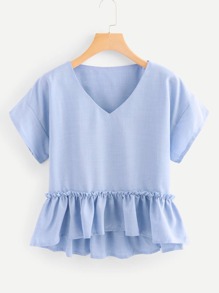 V Neckline Pep Hem Blouse