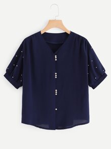 V Neckline Pearl Beaded Blouse