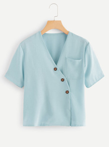Chest Pocket Wrap Blouse