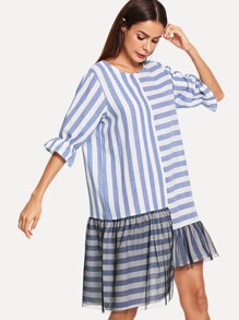 Asymmetrical Hem Mesh Panel Striped Dress
