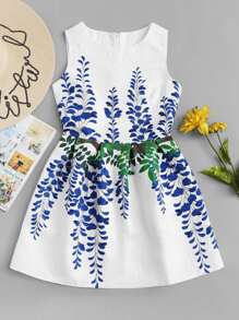 Palm Leaf Print Embossed Fit & Flare Dress