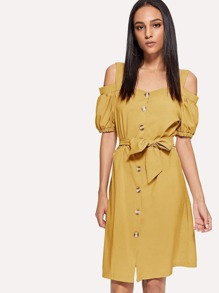 Open Shoulder Self Tie Waist Dress