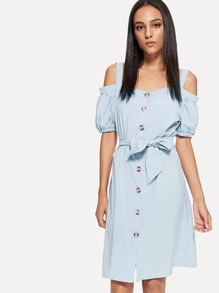 Open Shoulder Self Tie Waist Dress