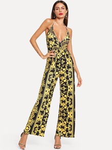 Geo Print Open Back Halter Jumpsuit