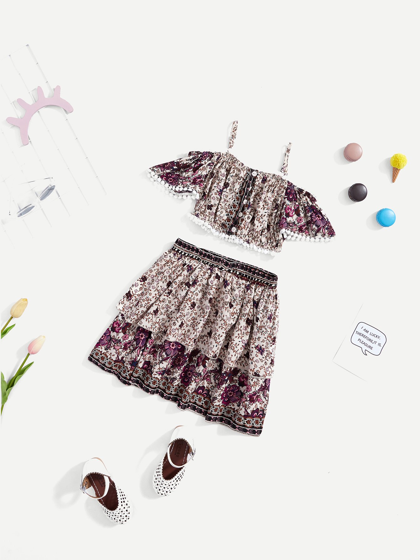 Button Front Floral Cami Top & Skirt Co-Ord