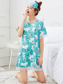 Rabbit Print Lace Trim Night Dress With Eye Mask