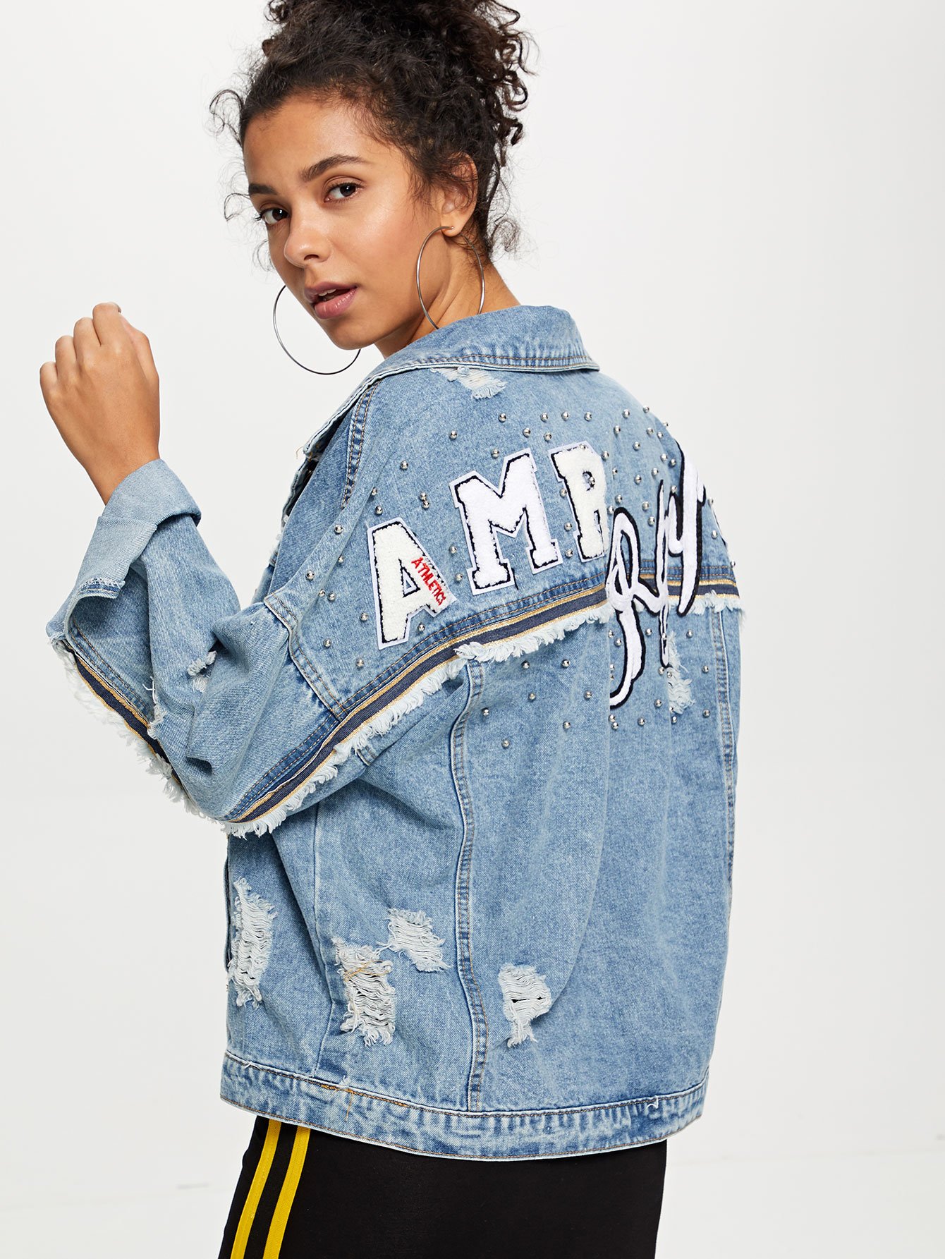 Letter Patched Ripped Pearl Beaded Denim Jacket