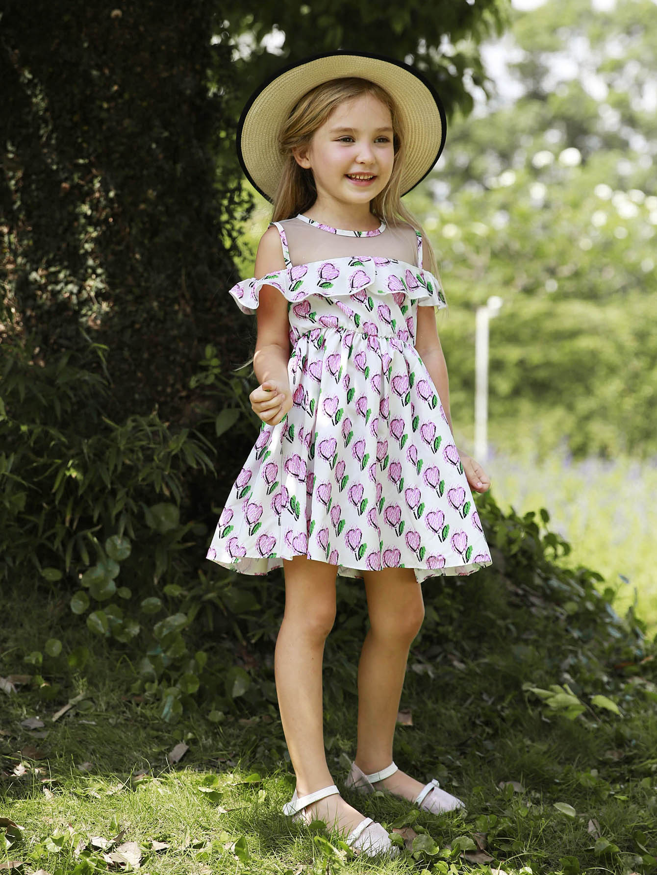 Girls Ruffle Trim Contrast Mesh Dress ruffle mesh panel dress
