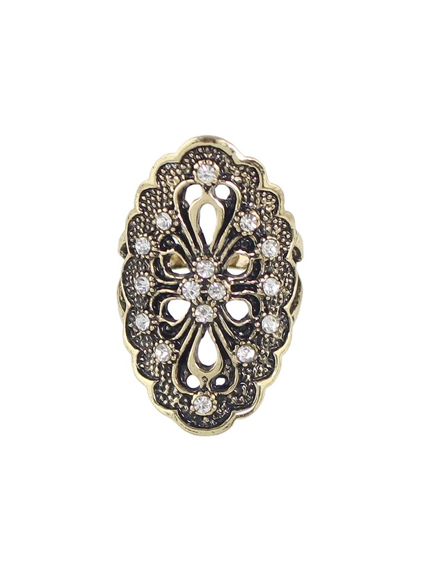Gold-7 Rhinestone Hollow Out Flower Finger Rings