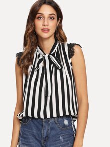 Lace Trim Tie Neck Striped Blouse