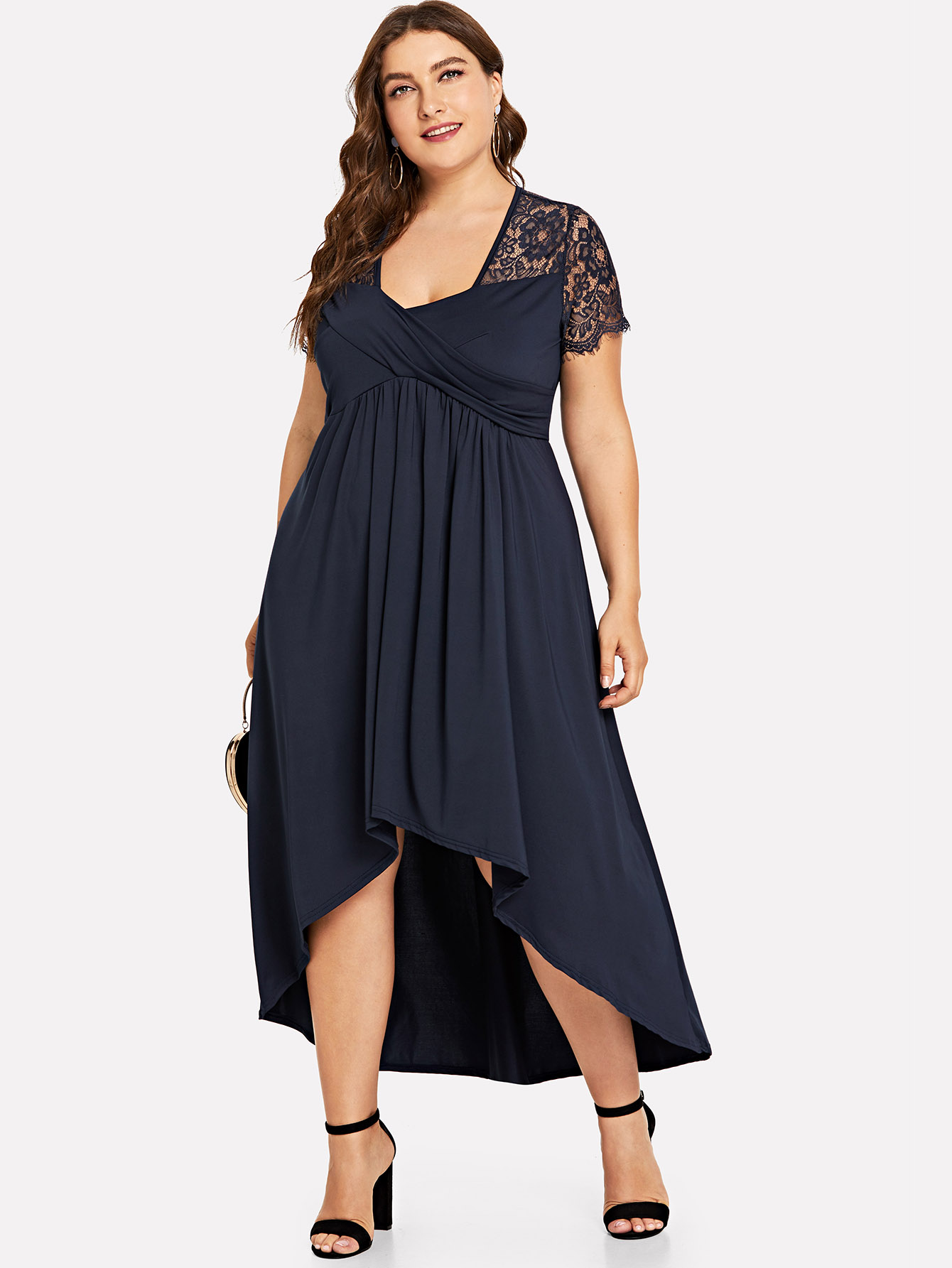 Plus Contrast Lace Asymmetrical Pleated Dress