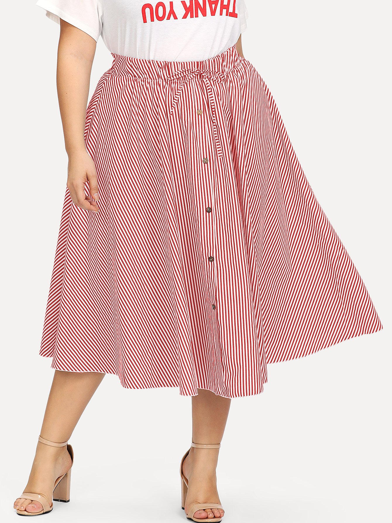 Plus Drawstring Waist Striped Single Breasted Skirt