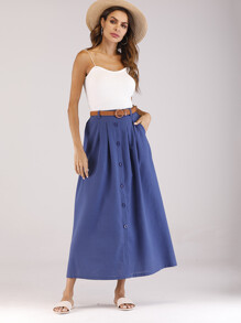 Solid Belt Button Front Skirt