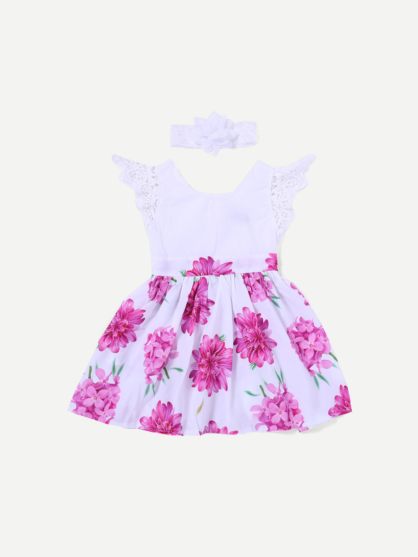 Girls Contrast Lace Sleeve Floral Print Dress With Headband