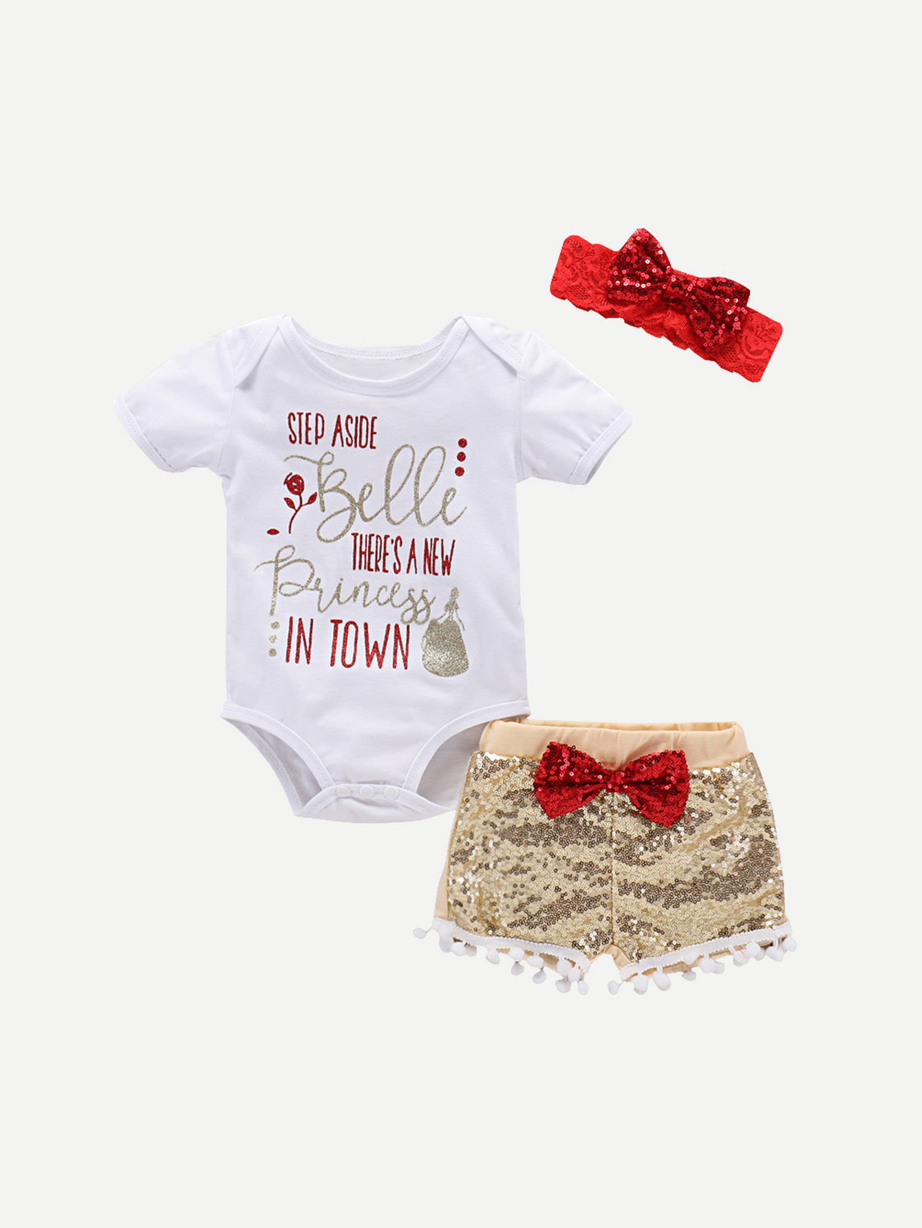 Girls Letter Print Romper & Bow Detail Pom Hem Sequin Shorts Headband