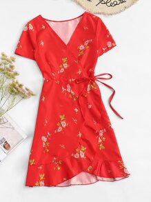 Floral Print Ruffle Hem Surplice Dress