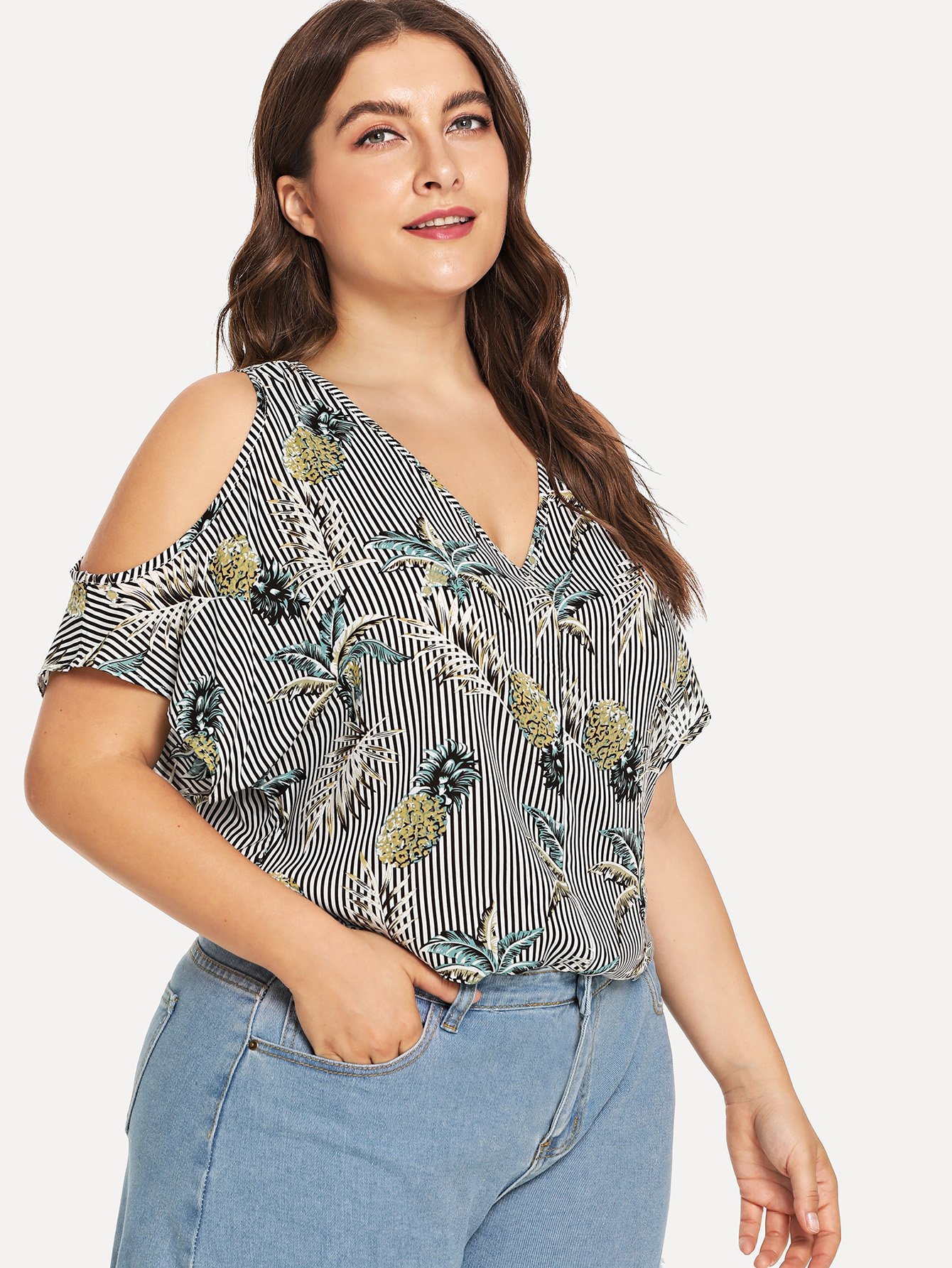 Plus Tropical Print Open Shoulder Striped Blouse
