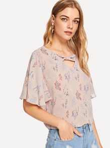 Cut Out Neck Calico Print Blouse