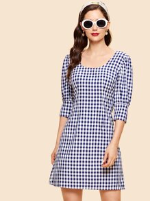 Plaid Zip Back Puff Sleeve Dress